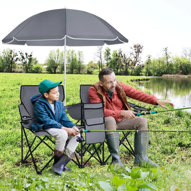 Portable Folding Picnic Double Chair With Umbrella-Gray - Gray - Camping Furniture