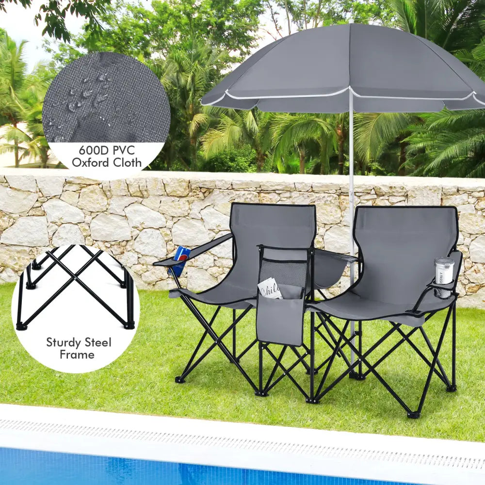 Portable Folding Picnic Double Chair With Umbrella-Gray - Gray - Camping Furniture