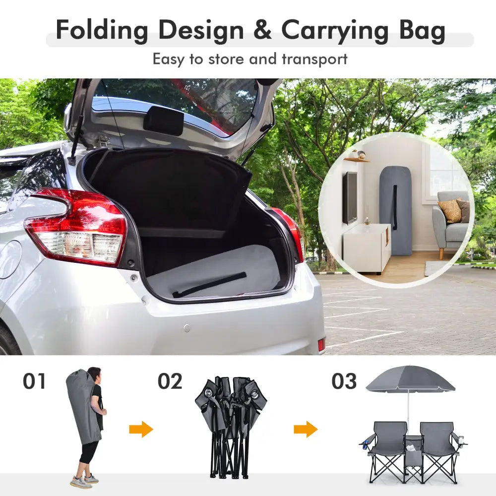 Portable Folding Picnic Double Chair With Umbrella-Gray - Gray - Camping Furniture