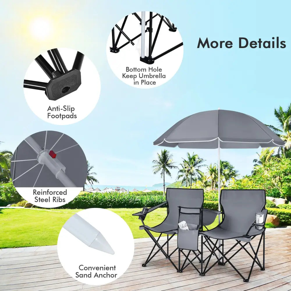 Portable Folding Picnic Double Chair With Umbrella-Gray - Gray - Camping Furniture