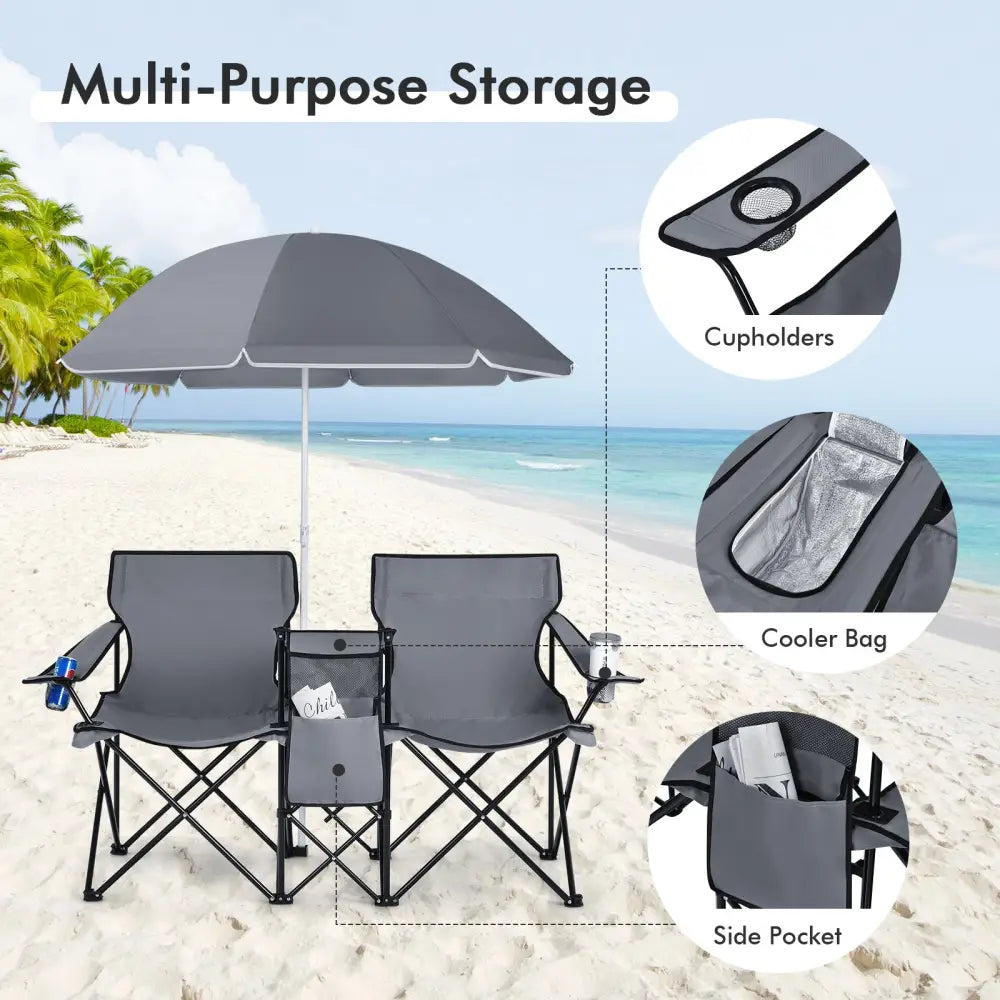 Portable Folding Picnic Double Chair With Umbrella-Gray - Gray - Camping Furniture