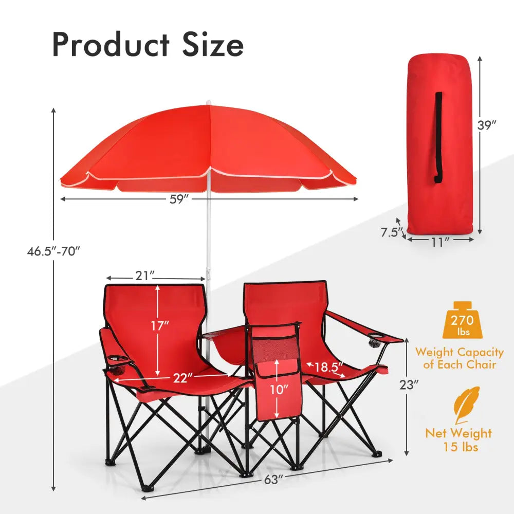 Portable Folding Picnic Double Chair With Umbrella-Red - Red - Camping Furniture