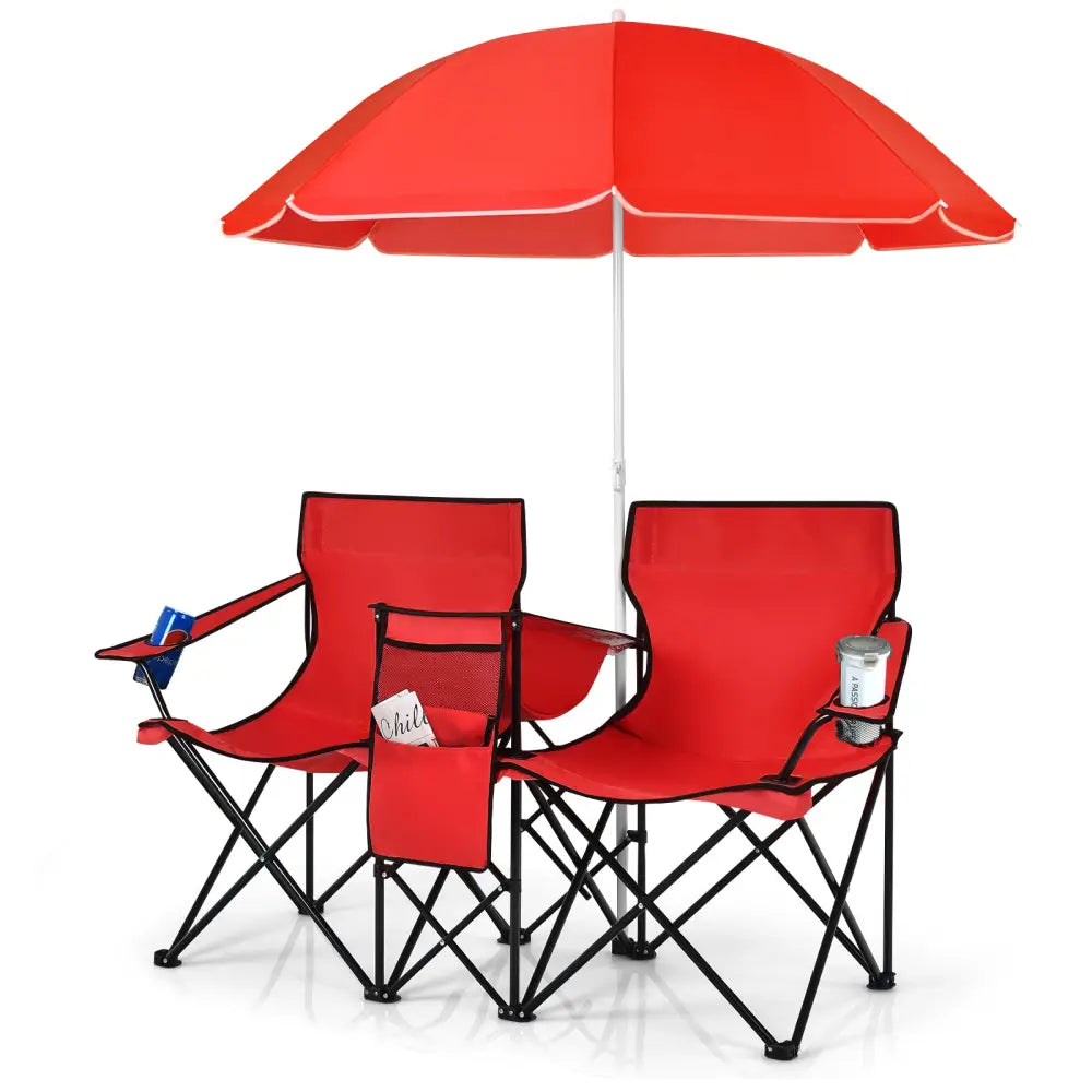 Portable Folding Picnic Double Chair With Umbrella-Red - Red - Camping Furniture