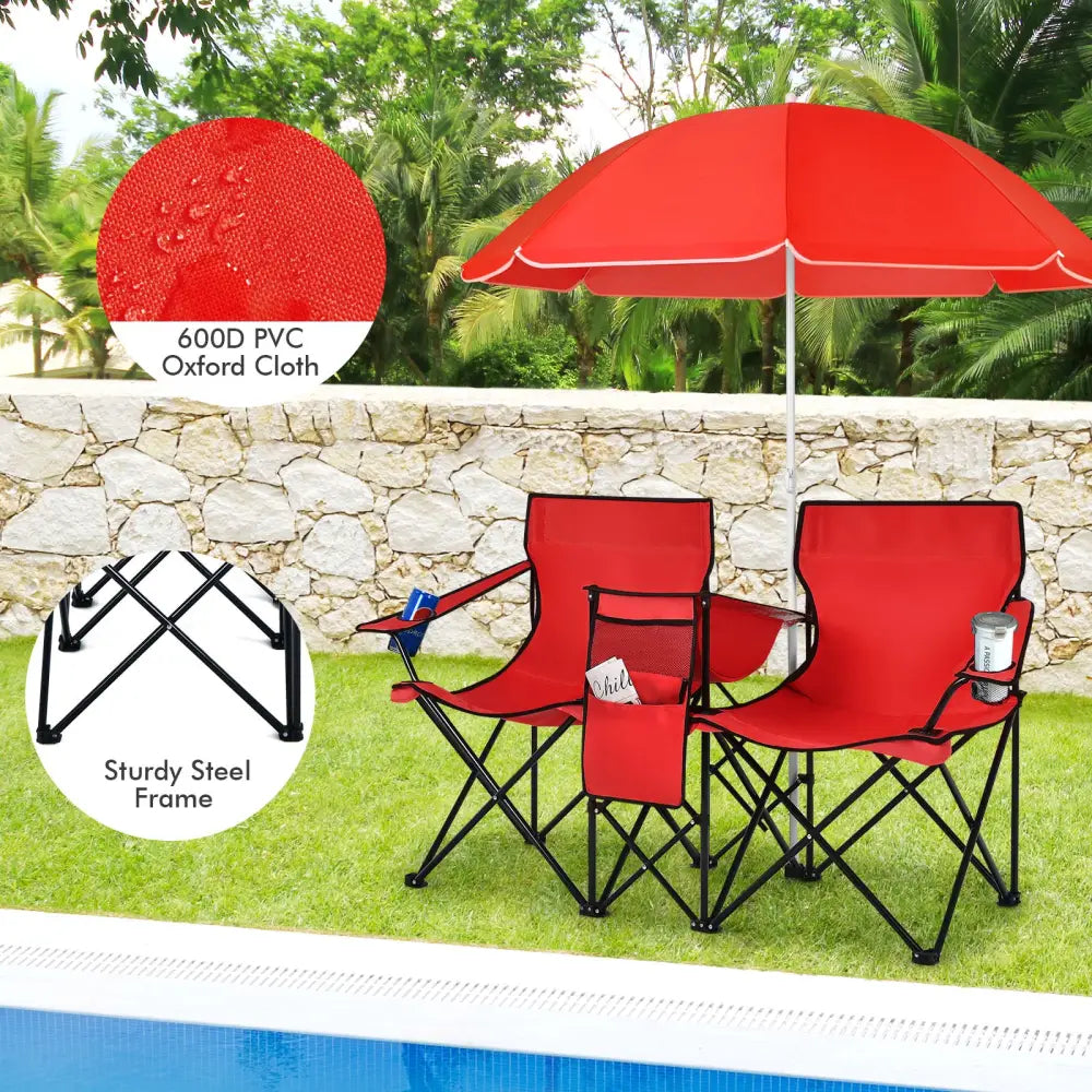 Portable Folding Picnic Double Chair With Umbrella-Red - Red - Camping Furniture