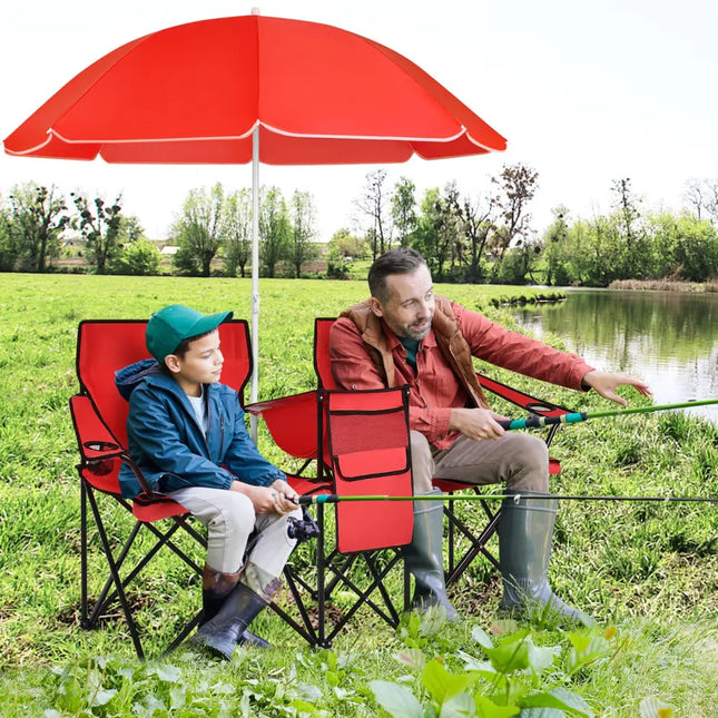 Portable Folding Picnic Double Chair With Umbrella-Red - Red - Camping Furniture