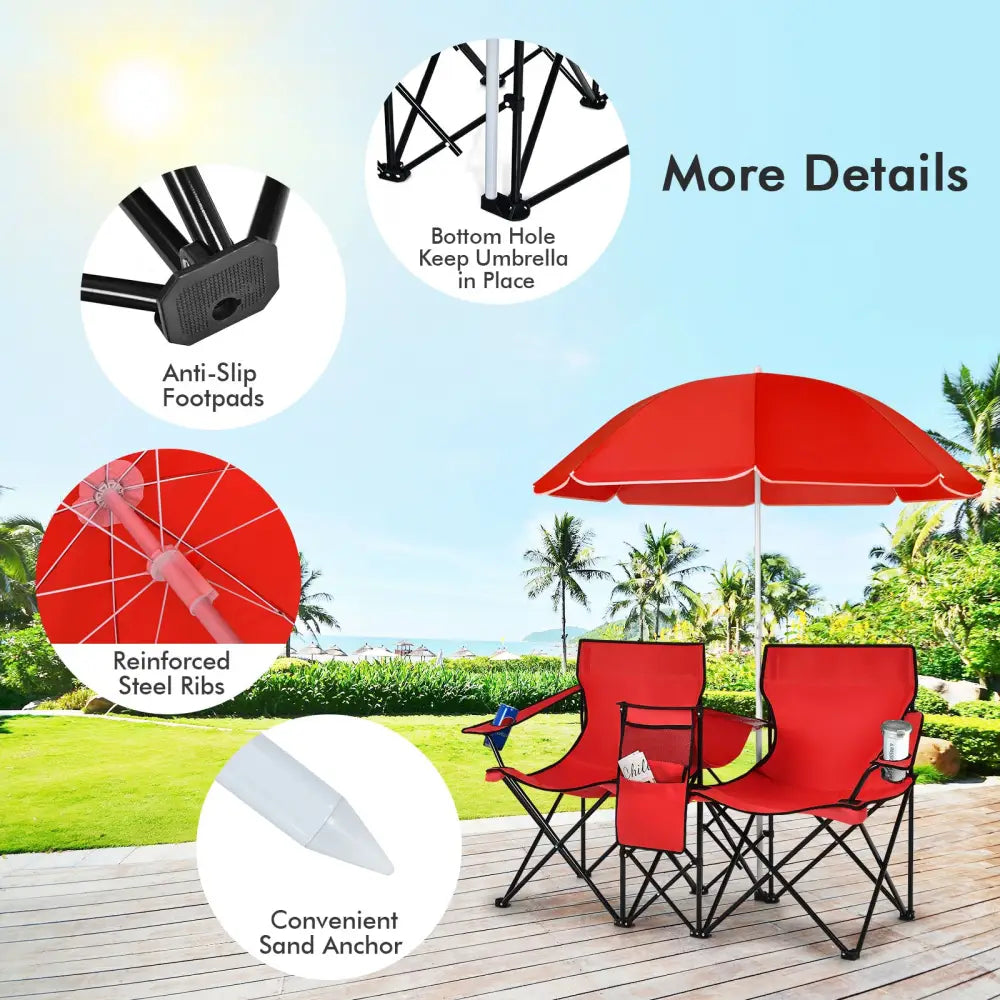Portable Folding Picnic Double Chair With Umbrella-Red - Red - Camping Furniture