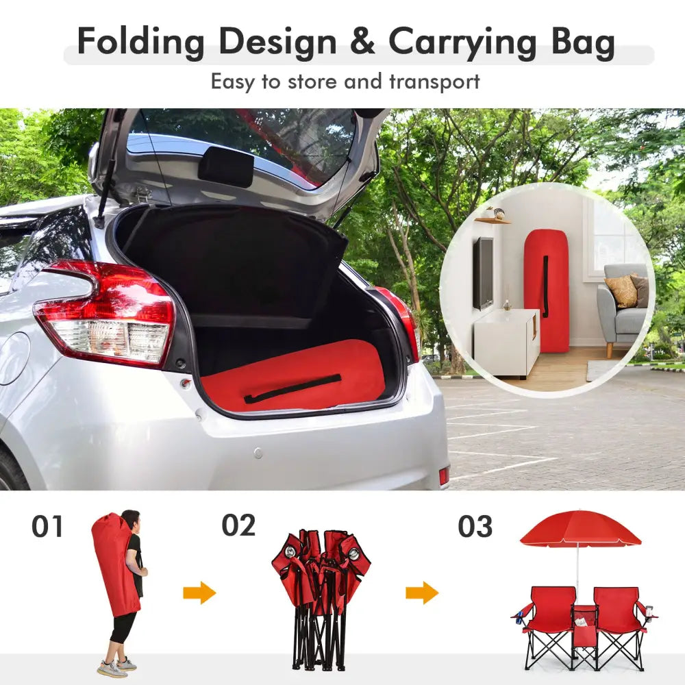 Portable Folding Picnic Double Chair With Umbrella-Red - Red - Camping Furniture