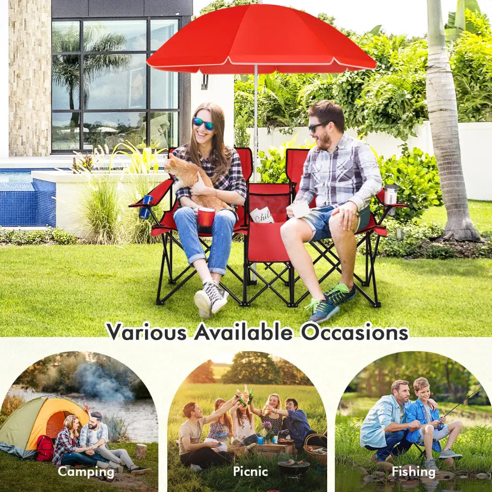 Portable Folding Picnic Double Chair With Umbrella-Red - Red - Camping Furniture
