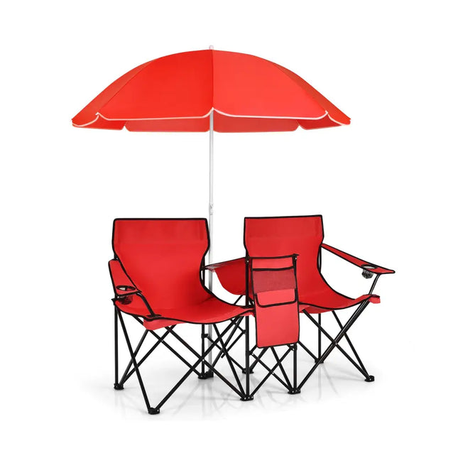 Portable Folding Picnic Double Chair With Umbrella-Red - Red - Camping Furniture