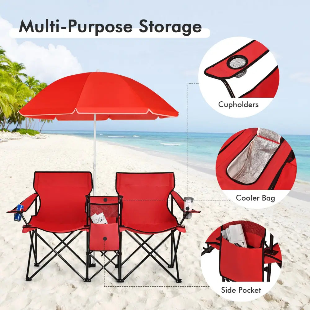Portable Folding Picnic Double Chair With Umbrella-Red - Red - Camping Furniture