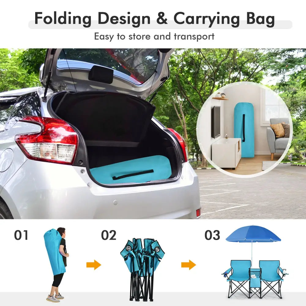 Portable Folding Picnic Double Chair With Umbrella-Turquoise - Turquoise - Camping Furniture