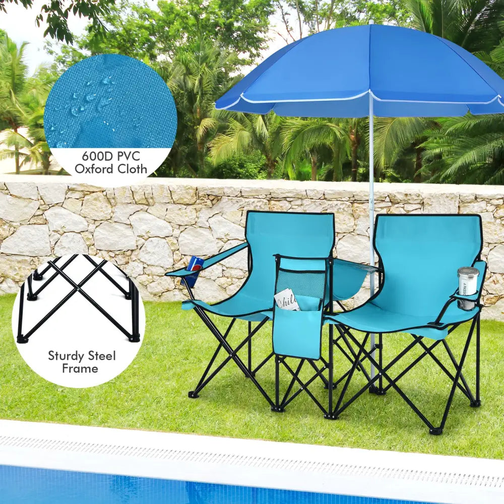 Portable Folding Picnic Double Chair With Umbrella-Turquoise - Turquoise - Camping Furniture