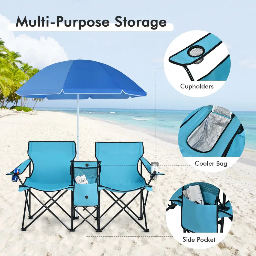Portable Folding Picnic Double Chair With Umbrella-Turquoise - Turquoise - Camping Furniture