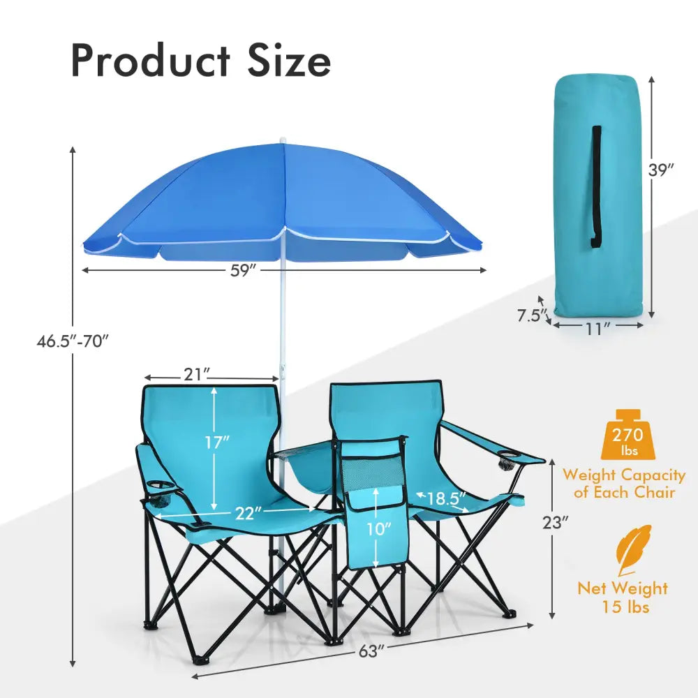 Portable Folding Picnic Double Chair With Umbrella-Turquoise - Turquoise - Camping Furniture