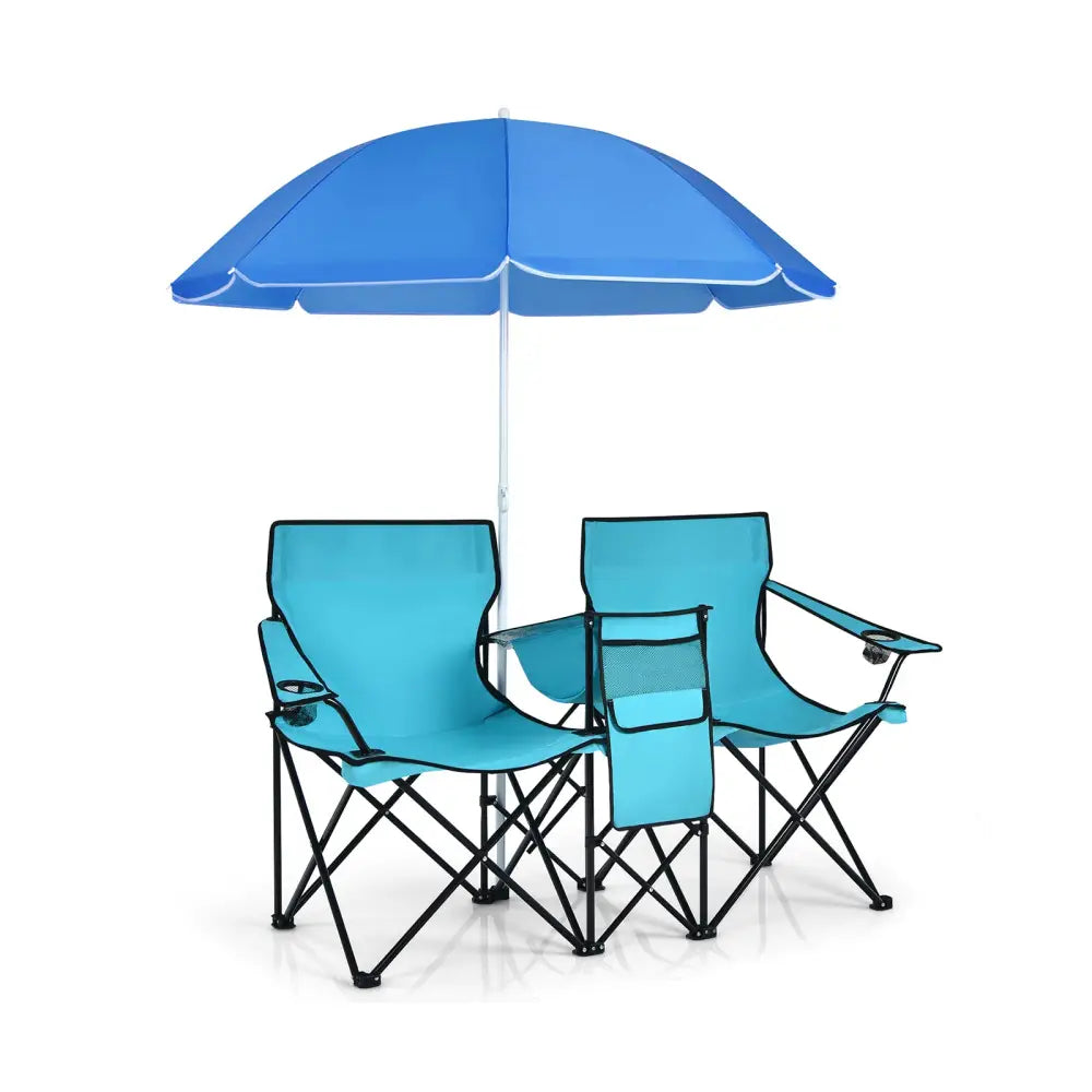 Portable Folding Picnic Double Chair With Umbrella-Turquoise - Turquoise - Camping Furniture
