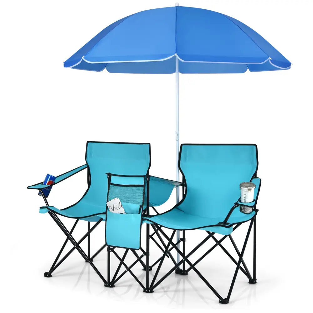 Portable Folding Picnic Double Chair With Umbrella-Turquoise - Turquoise - Camping Furniture
