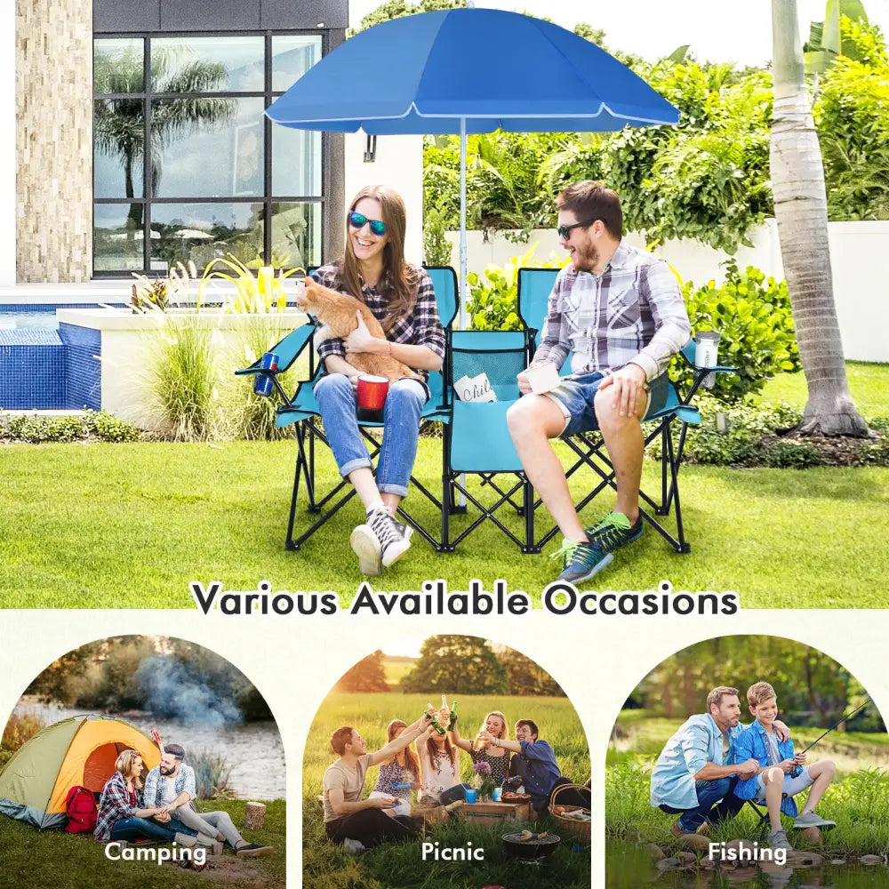 Portable Folding Picnic Double Chair With Umbrella-Turquoise - Turquoise - Camping Furniture