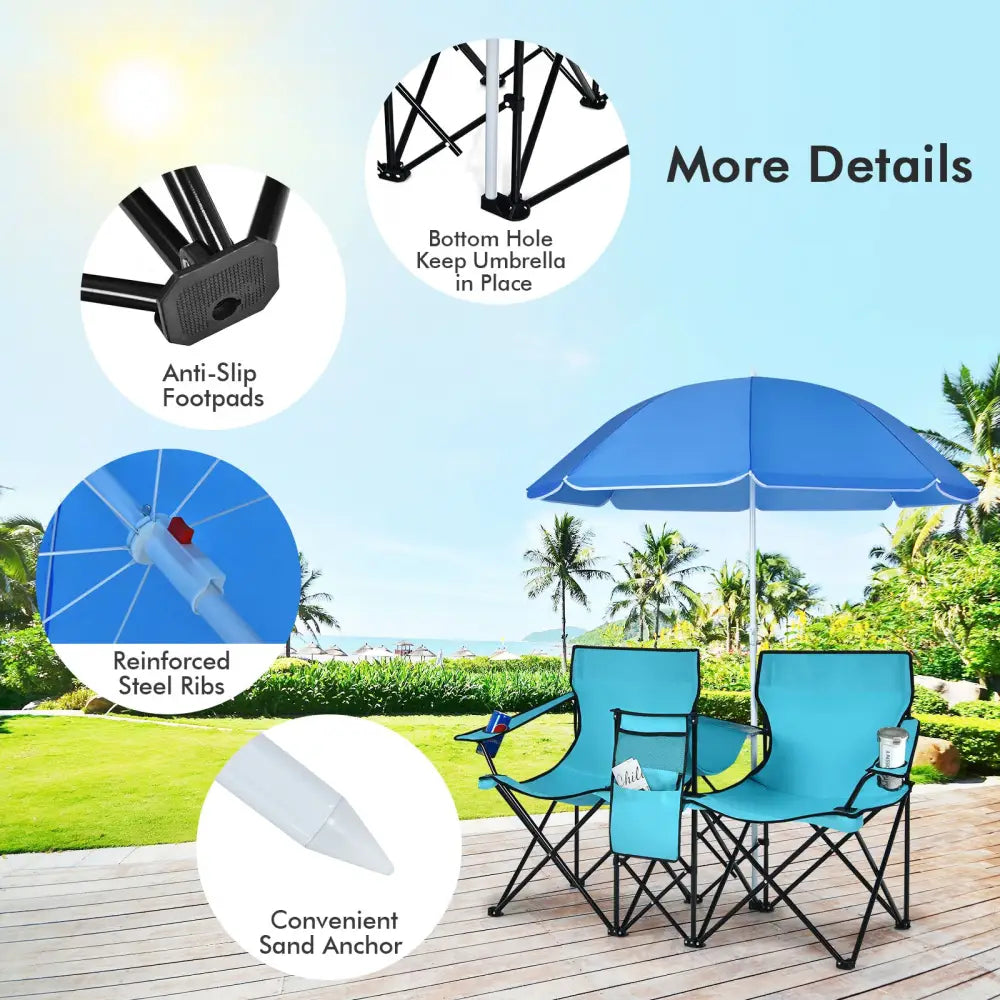 Portable Folding Picnic Double Chair With Umbrella-Turquoise - Turquoise - Camping Furniture