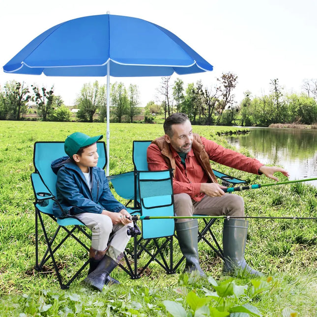 Portable Folding Picnic Double Chair With Umbrella-Turquoise - Turquoise - Camping Furniture