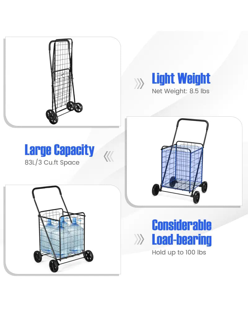 Portable Folding Shopping Cart Utility for Grocery Laundry-Black - Black - Kitchen Tools