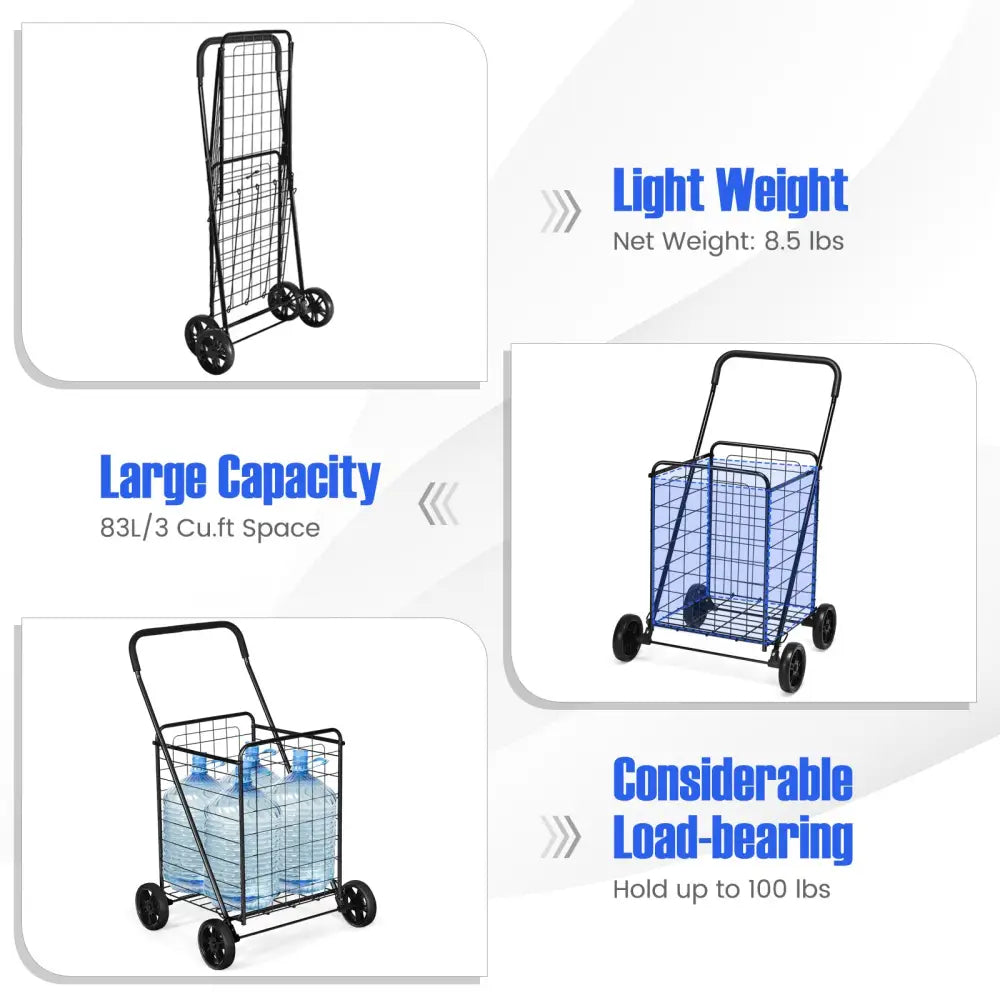 Portable Folding Shopping Cart Utility for Grocery Laundry-Black - Black - Kitchen Tools