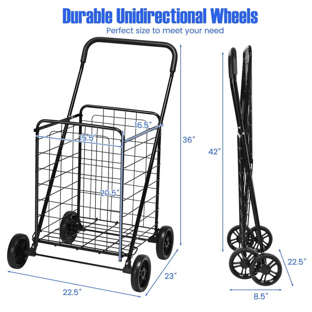 Portable Folding Shopping Cart Utility for Grocery Laundry-Black - Black - Kitchen Tools