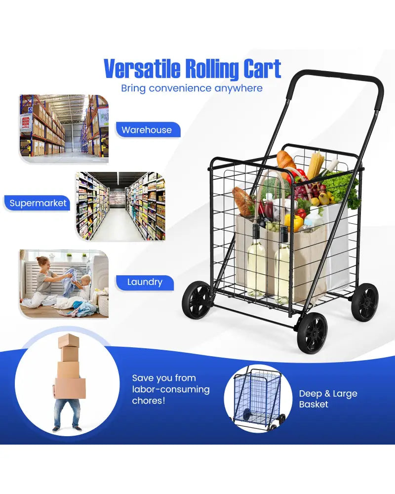 Portable Folding Shopping Cart Utility for Grocery Laundry-Black - Black - Kitchen Tools
