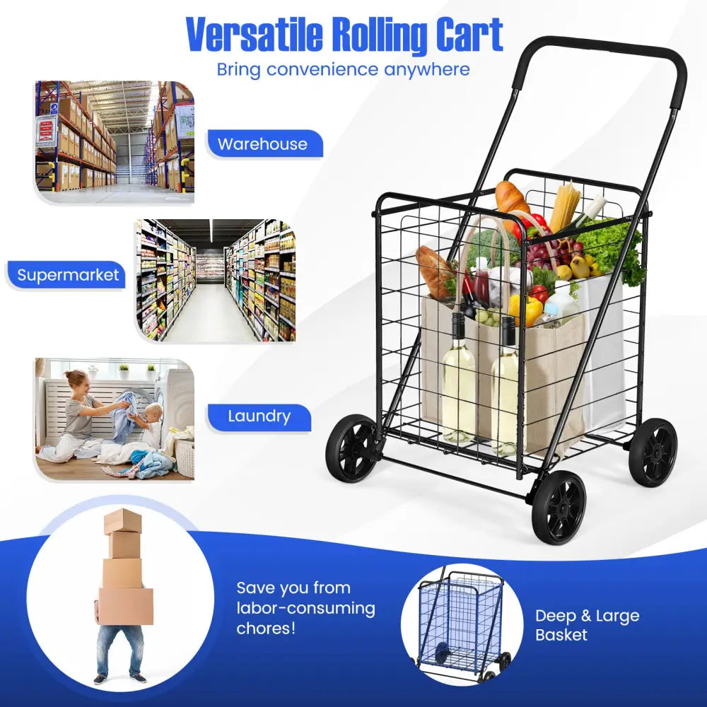 Portable Folding Shopping Cart Utility for Grocery Laundry-Black - Black - Kitchen Tools
