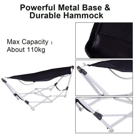 Portable Folding Steel Frame Hammock with Bag-Black - Black - Hammocks