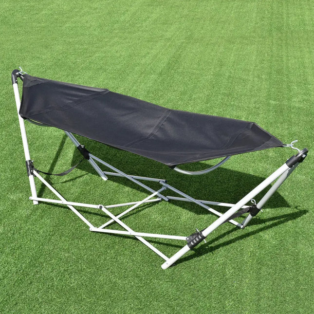 Portable Folding Steel Frame Hammock with Bag-Black - Black - Hammocks