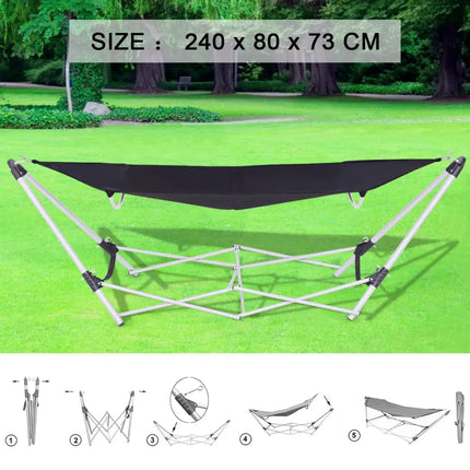 Portable Folding Steel Frame Hammock with Bag-Black - Black - Hammocks