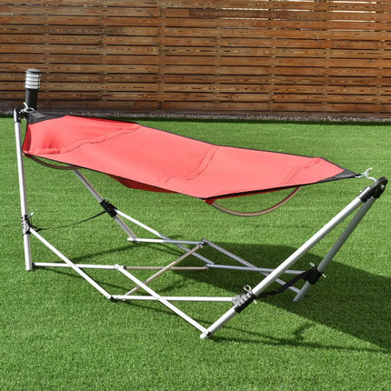 Portable Folding Steel Frame Hammock with Bag-Red - Red - Hammocks