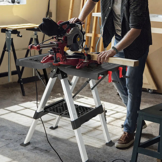 Portable Folding Workbench with Adjustable Height for Garage Home-Black & Red - Black & Red - Garages