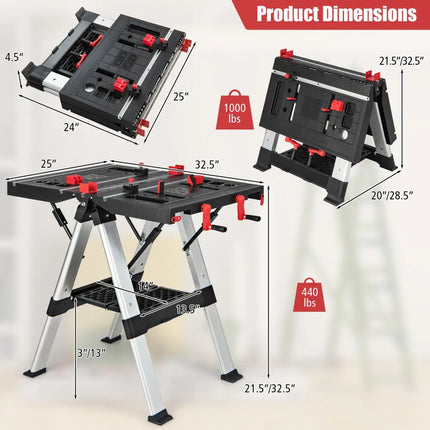 Portable Folding Workbench with Adjustable Height for Garage Home-Black & Red - Black & Red - Garages