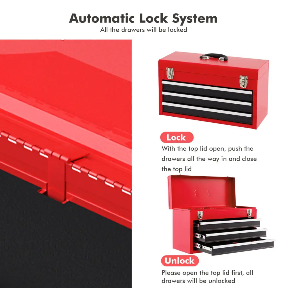 Portable Garage Mechanic Tool Cabinet Box with 3 Drawers-Black & Red - Black & Red - Garages