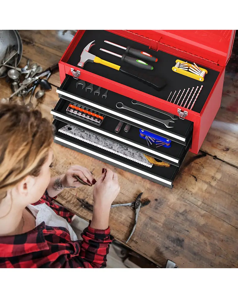 Portable Garage Mechanic Tool Cabinet Box with 3 Drawers-Black & Red - Black & Red - Garages