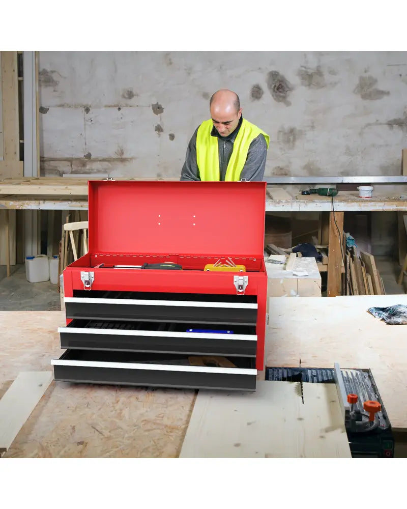 Portable Garage Mechanic Tool Cabinet Box with 3 Drawers-Black & Red - Black & Red - Garages