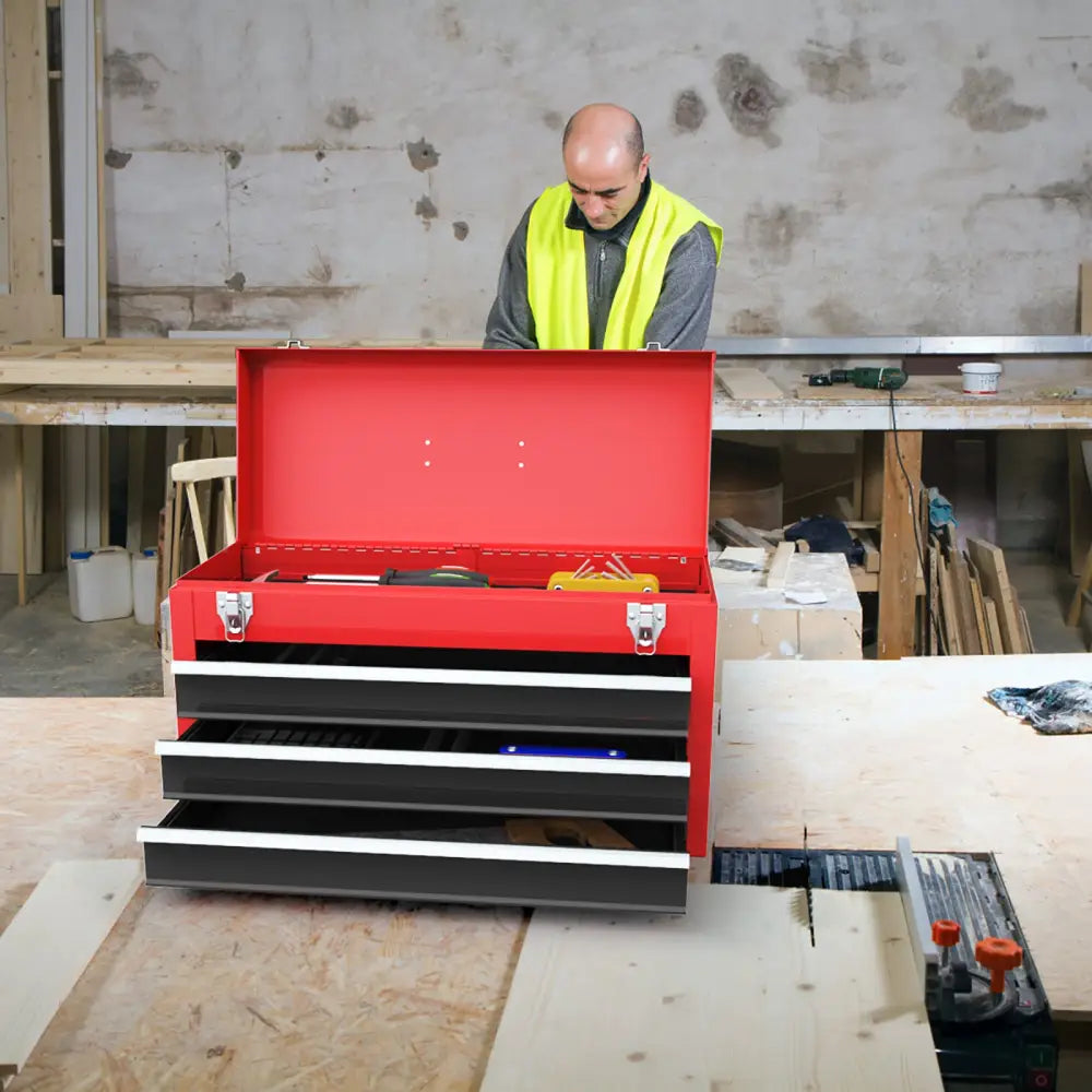 Portable Garage Mechanic Tool Cabinet Box with 3 Drawers-Black & Red - Black & Red - Garages