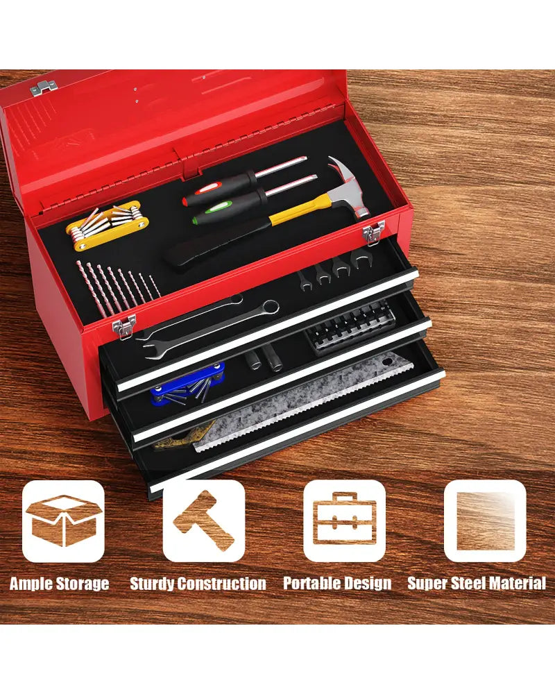 Portable Garage Mechanic Tool Cabinet Box with 3 Drawers-Black & Red - Black & Red - Garages