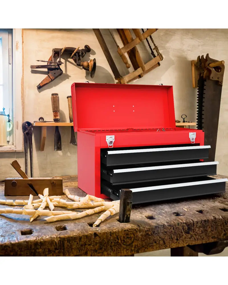Portable Garage Mechanic Tool Cabinet Box with 3 Drawers-Black & Red - Black & Red - Garages