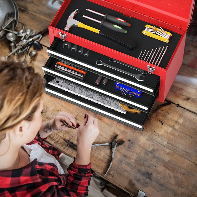 Portable Garage Mechanic Tool Cabinet Box with 3 Drawers-Black & Red - Black & Red - Garages