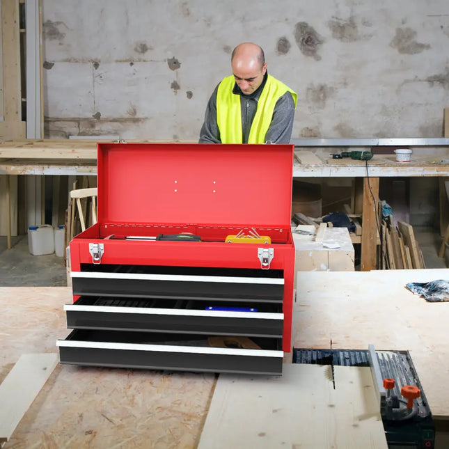Portable Garage Mechanic Tool Cabinet Box with 3 Drawers-Black & Red - Black & Red - Garages