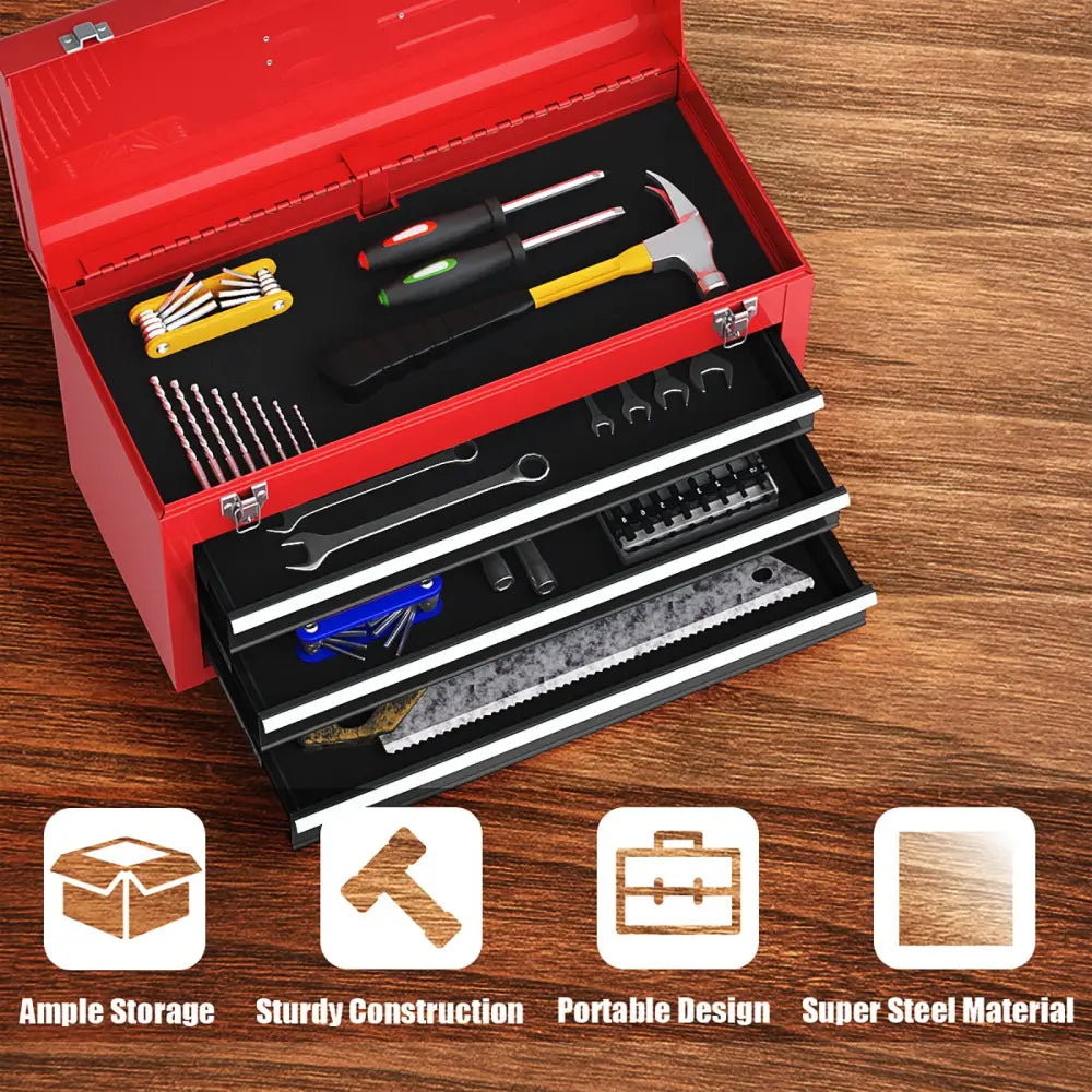 Portable Garage Mechanic Tool Cabinet Box with 3 Drawers-Black & Red - Black & Red - Garages