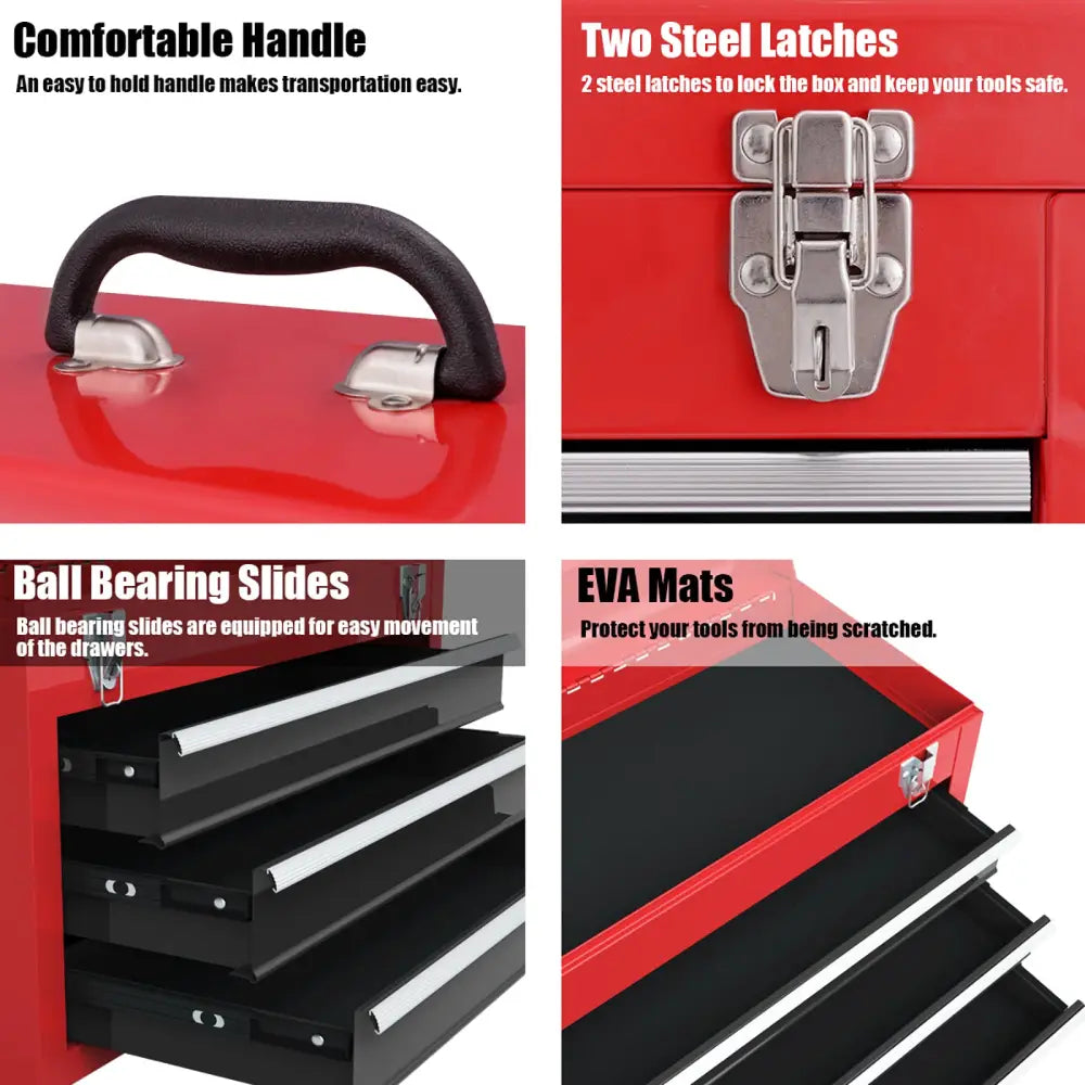 Portable Garage Mechanic Tool Cabinet Box with 3 Drawers-Black & Red - Black & Red - Garages