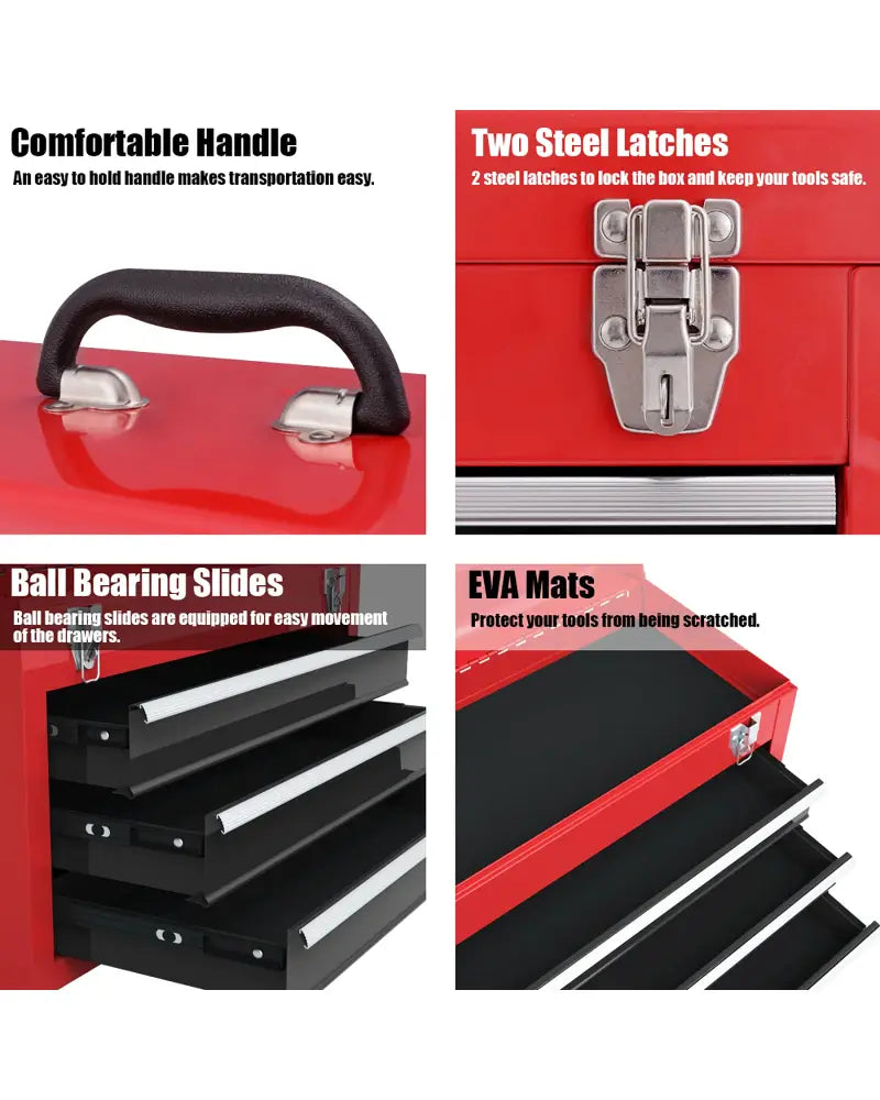 Portable Garage Mechanic Tool Cabinet Box with 3 Drawers-Black & Red - Black & Red - Garages