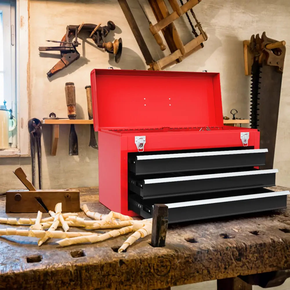 Portable Garage Mechanic Tool Cabinet Box with 3 Drawers-Black & Red - Black & Red - Garages