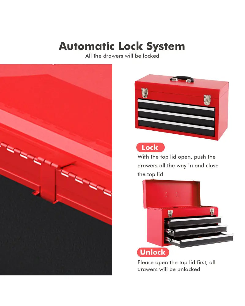 Portable Garage Mechanic Tool Cabinet Box with 3 Drawers-Black & Red - Black & Red - Garages