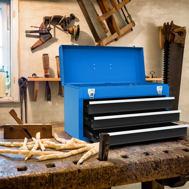 Portable Garage Mechanic Tool Cabinet Box with 3 Drawers-Blue - Blue - Garages