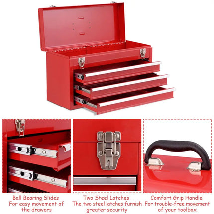 Portable Garage Mechanic Tool Cabinet Box with 3 Drawers-Red - Red - Garages