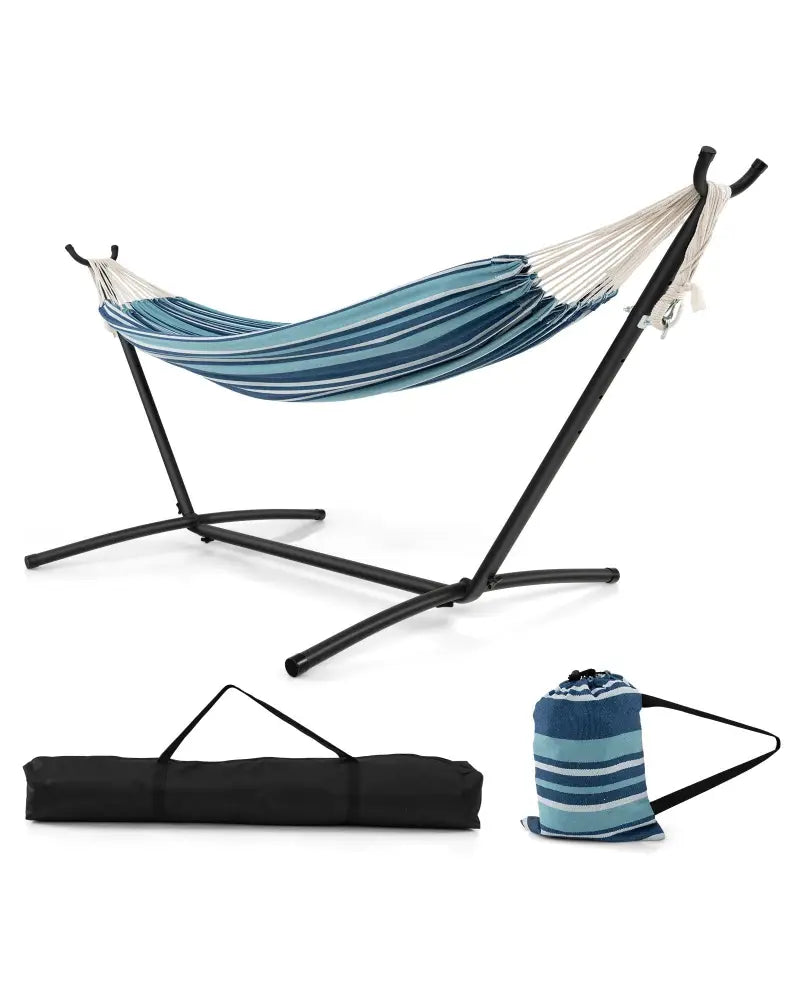 Portable Indoor Outdoor 2-Person Double Hammock Set with Stand and Carrying Cases-Blue - Blue - Hammocks